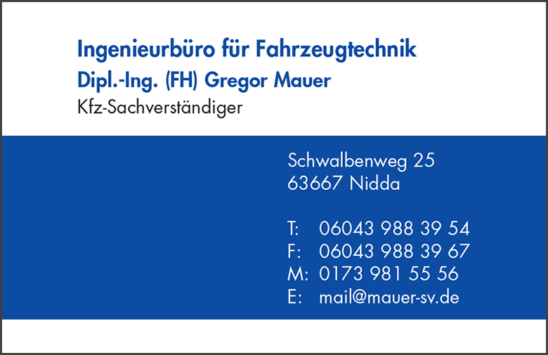 Visitenkarte - Ingenieurbüro für Fahrzeugtechnik - Dipl.-Ing. (FH) Gregor Mauer